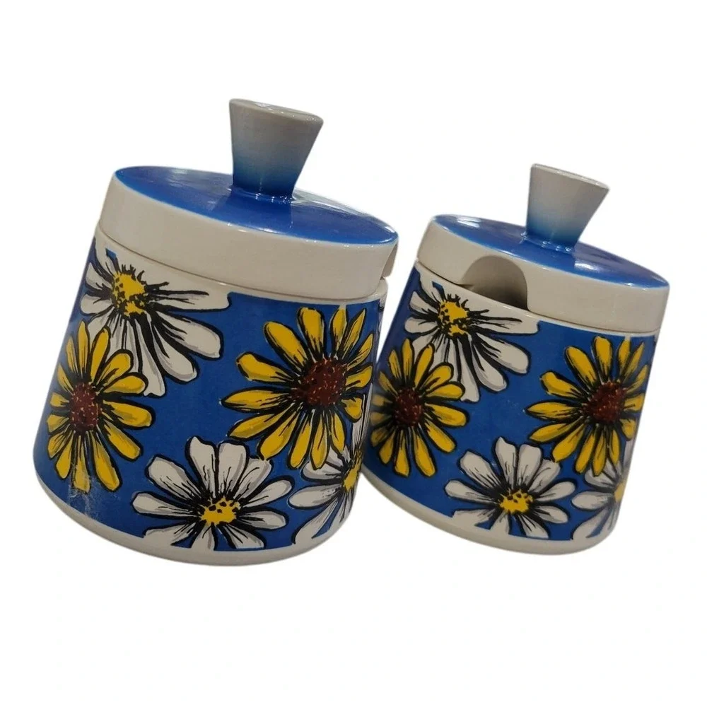 Vintage W. Goebel 1963 Germany Sugar Creamer Set Blue Daisy Floral Ceramic